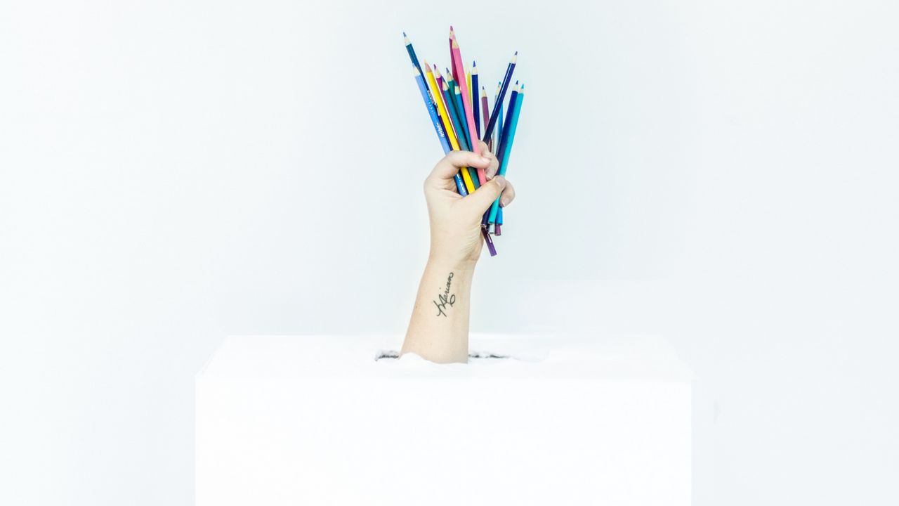 Wallpaper hand, colored pencils, minimalism, box