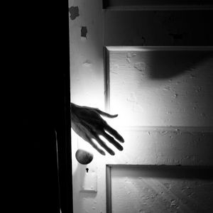 Preview wallpaper hand, door, bw, light, gloomy