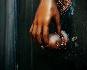 Preview wallpaper hand, door handle, bronze, metal, door