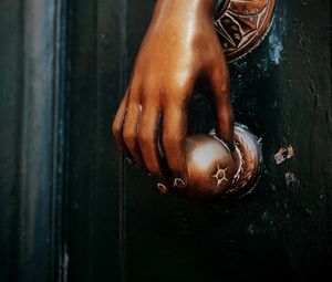 Preview wallpaper hand, door handle, bronze, metal, door