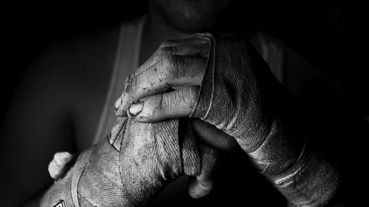 Wallpaper hand, fighter, bandages, bw