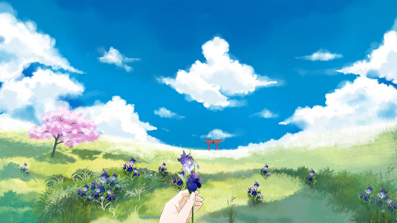 Wallpaper hand, flowers, lawn, torii