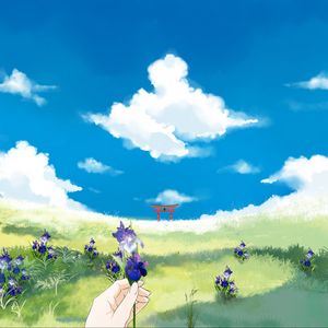 Preview wallpaper hand, flowers, lawn, torii