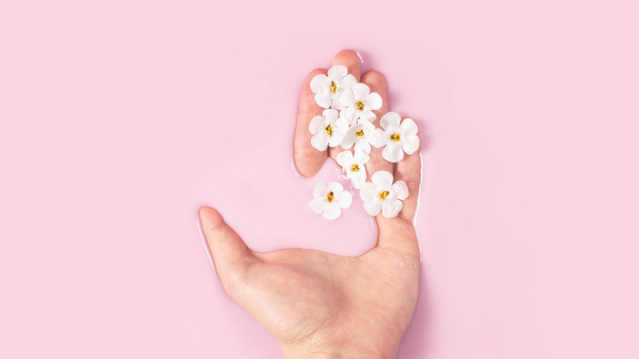 Wallpaper hand, flowers, liquid, pink