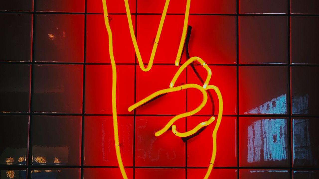 Wallpaper hand, gesture, peace, neon, sign, glow