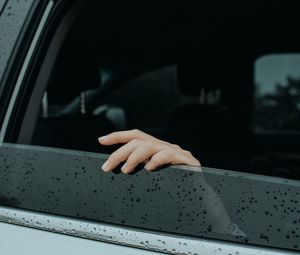 Preview wallpaper hand, glass, fingers, drops, wet, car