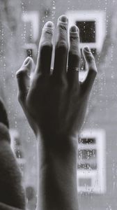 Preview wallpaper hand, glass, rain, melancholy, sadness, gloom
