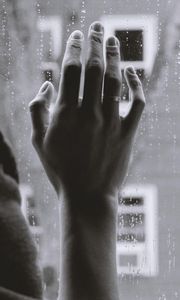 Preview wallpaper hand, glass, rain, melancholy, sadness, gloom