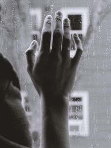 Preview wallpaper hand, glass, rain, melancholy, sadness, gloom