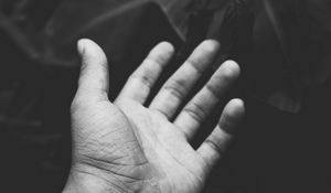 Preview wallpaper hand, handbreadth, bw, leaves, plants