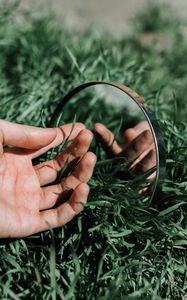 Preview wallpaper hand, mirror, grass