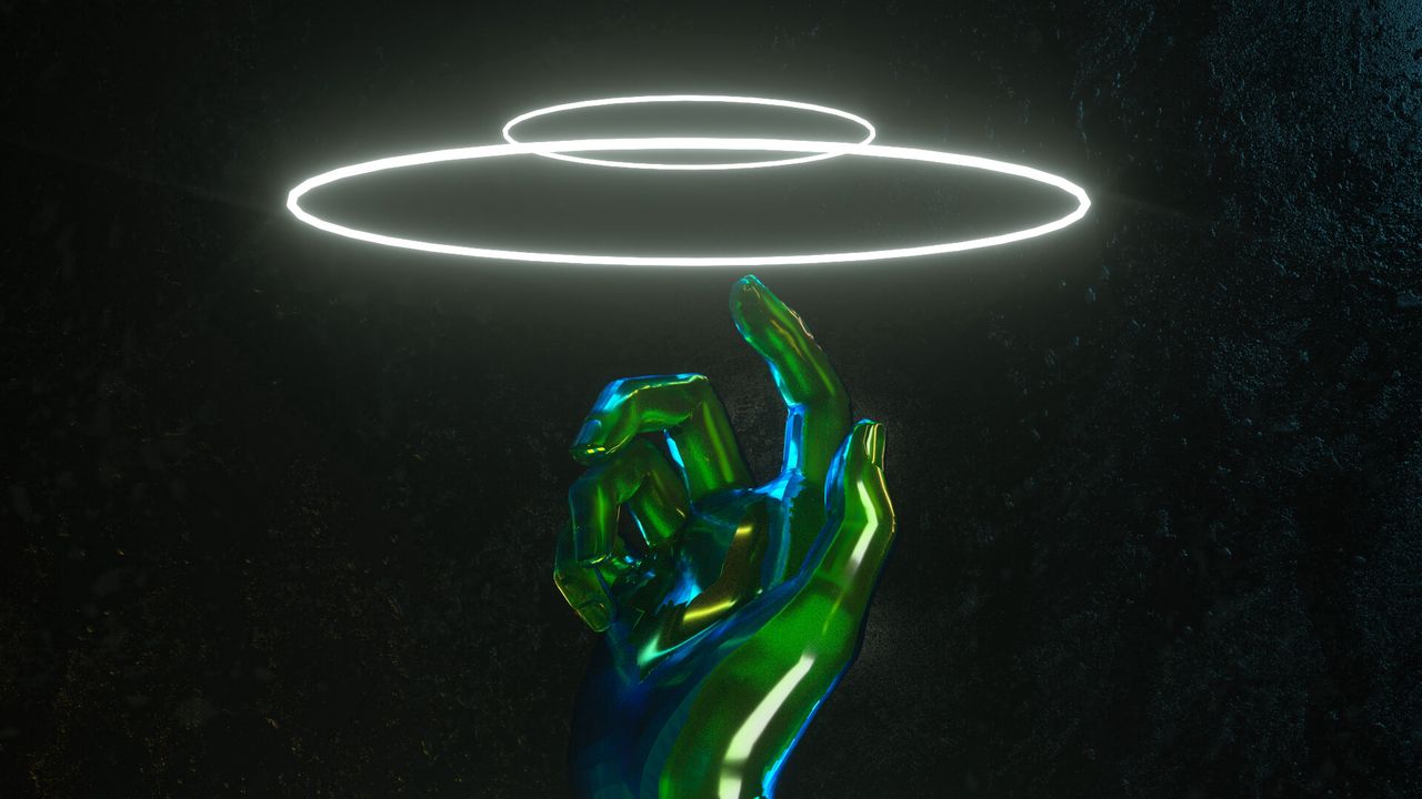 Wallpaper hand, neon, rings, glow, touch, 3d