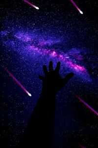 Preview wallpaper hand, starry sky, dark, meteorites, space