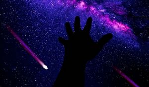 Preview wallpaper hand, starry sky, dark, meteorites, space