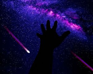 Preview wallpaper hand, starry sky, dark, meteorites, space