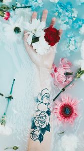 Preview wallpaper hand, tattoo, flowers, water