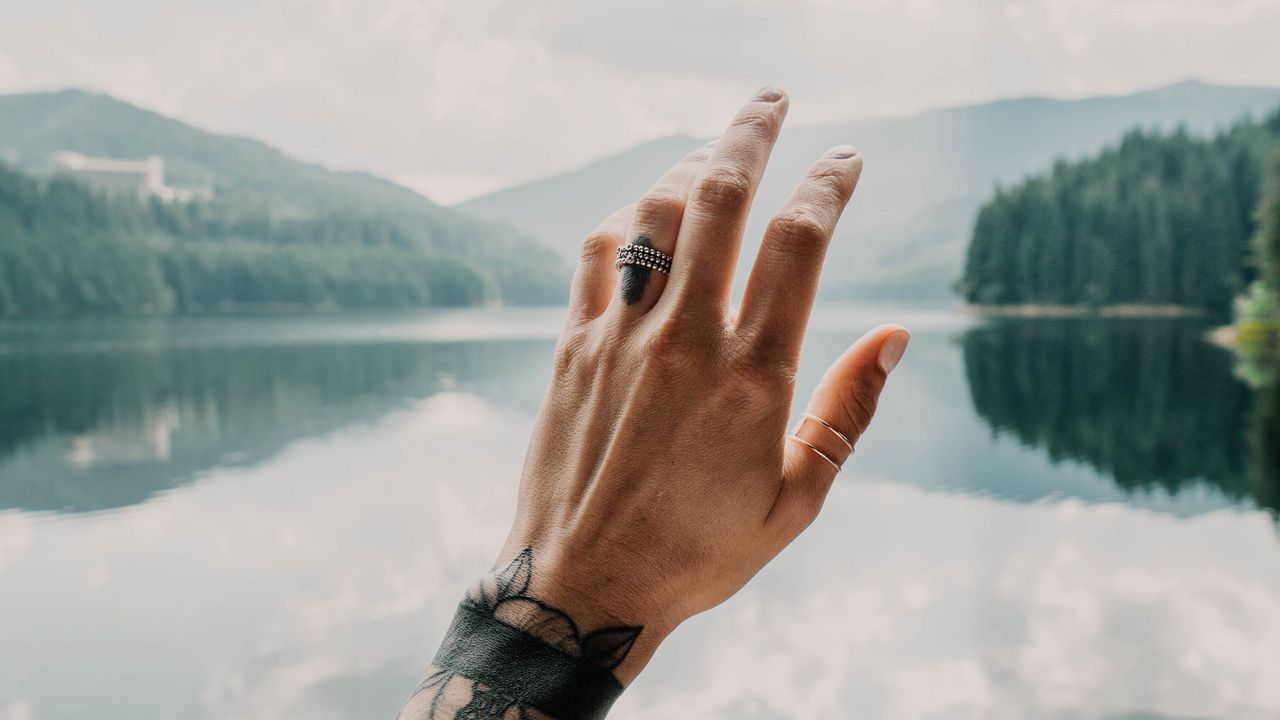 Wallpaper hand, tattoos, touch, lake, landscape