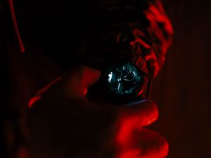 Preview wallpaper hand, watch, backlight, red, dark