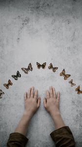 Preview wallpaper hands, butterflies, background, minimalism