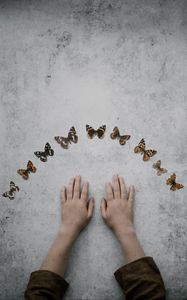 Preview wallpaper hands, butterflies, background, minimalism