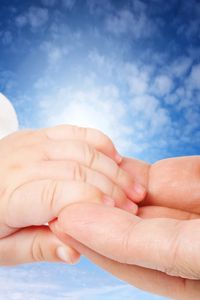 Preview wallpaper hands, child, adult, affection, care, sky