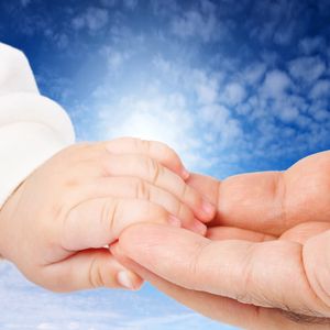 Preview wallpaper hands, child, adult, affection, care, sky
