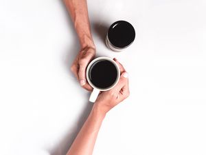 Preview wallpaper hands, coffee, cup, couple, minimalism