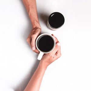 Preview wallpaper hands, coffee, cup, couple, minimalism
