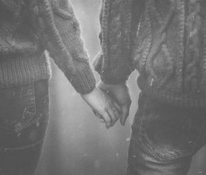 Preview wallpaper hands, couple, bw, sweater, tenderness