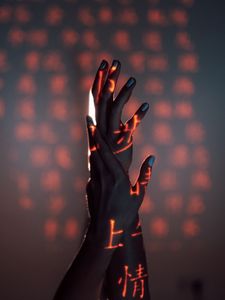 Preview wallpaper hands, fingers, hieroglyphs, light