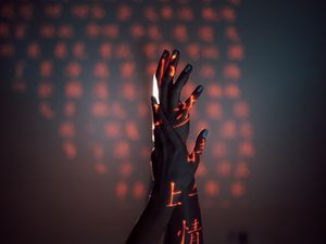 Preview wallpaper hands, fingers, hieroglyphs, light