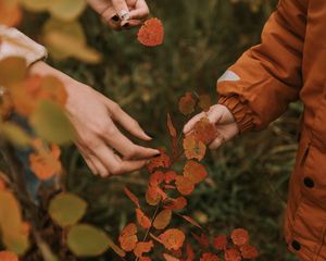 Preview wallpaper hands, fingers, leaves, branches, autumn