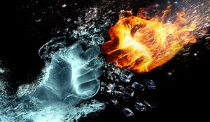 Preview wallpaper hands, fire, water, spray, splinters