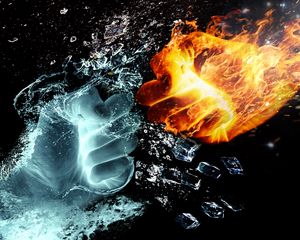 Preview wallpaper hands, fire, water, spray, splinters