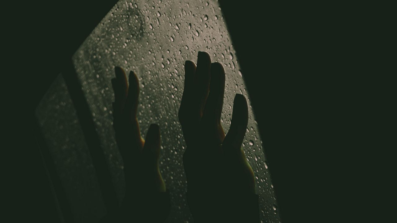 Wallpaper hands, glass, drops, rain, dark