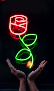 Preview wallpaper hands, neon, flower, signboard, glow, light