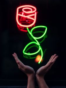 Preview wallpaper hands, neon, flower, signboard, glow, light