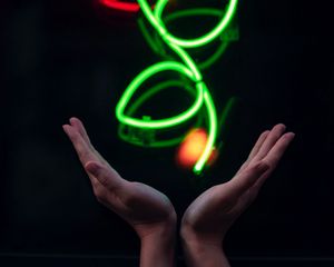 Preview wallpaper hands, neon, flower, signboard, glow, light