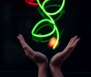 Preview wallpaper hands, neon, flower, signboard, glow, light