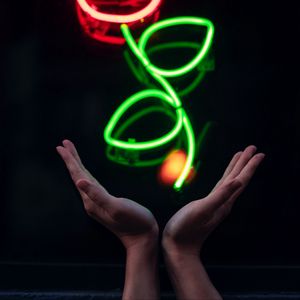 Preview wallpaper hands, neon, flower, signboard, glow, light