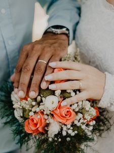 Preview wallpaper hands, rings, couple, love, bouquet, wedding