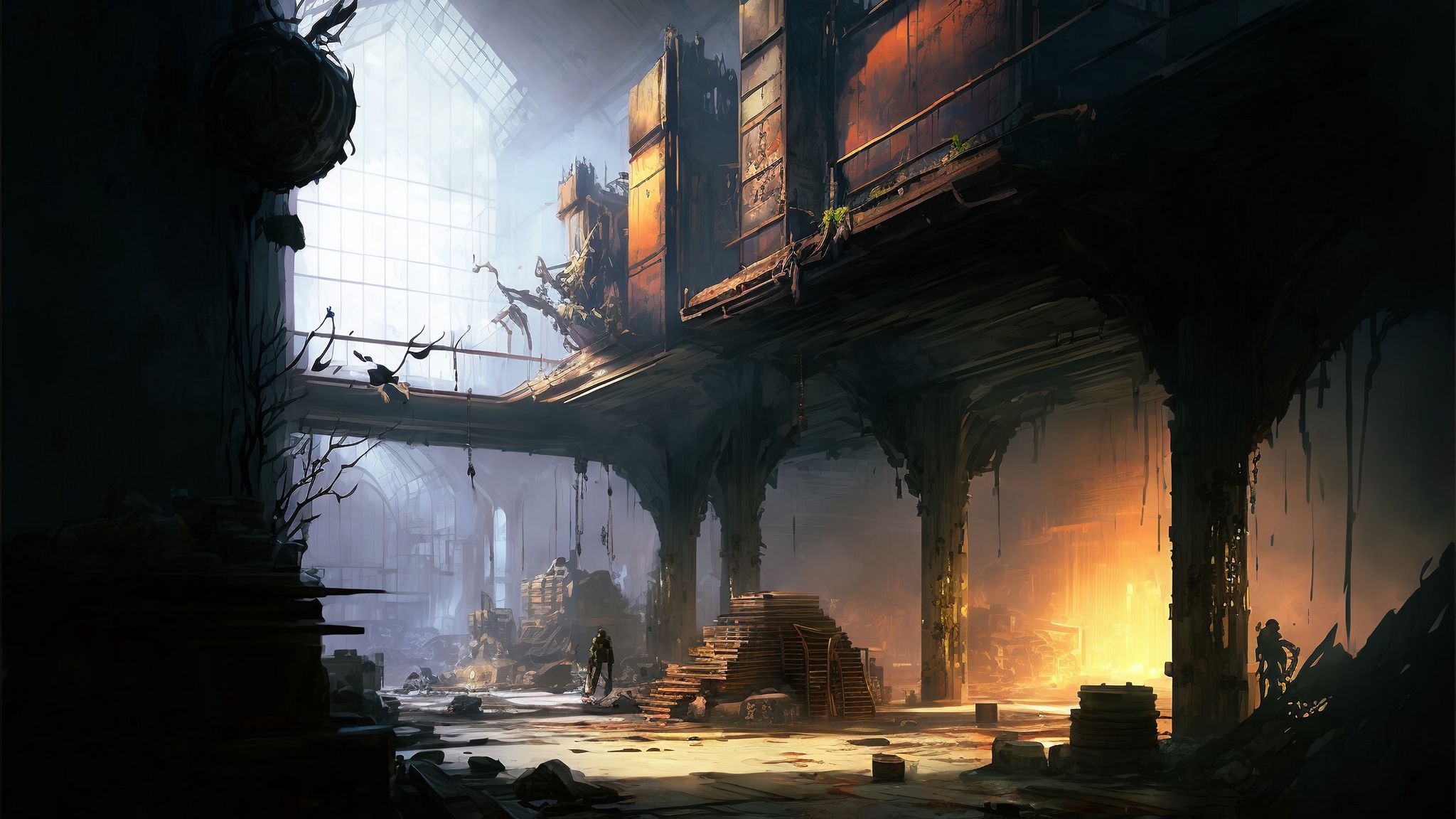 Download wallpaper 2048x1152 hangar, columns, dark, art ultrawide ...