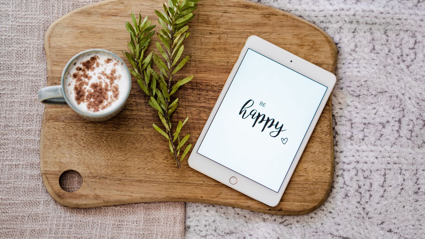 1366x768 Wallpaper happiness, inscription, tablet
