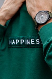 Preview wallpaper happiness, patch, inscription, clothes, hands, watch