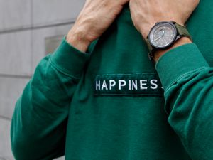 Preview wallpaper happiness, patch, inscription, clothes, hands, watch