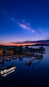 Preview wallpaper harbor, city, aerial view, port, twilight, starry sky