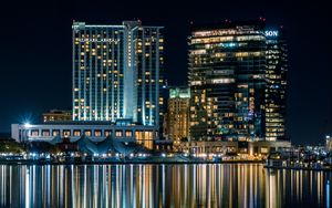 Preview wallpaper harbor, night city, buildings, reflection, baltimore