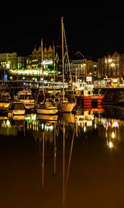 Preview wallpaper harbor, yachts, sea, buildings, lights, reflection