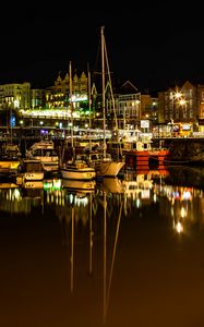 Preview wallpaper harbor, yachts, sea, buildings, lights, reflection