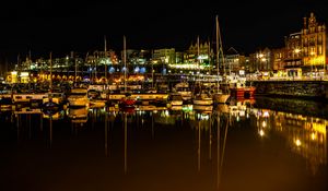 Preview wallpaper harbor, yachts, sea, buildings, lights, reflection